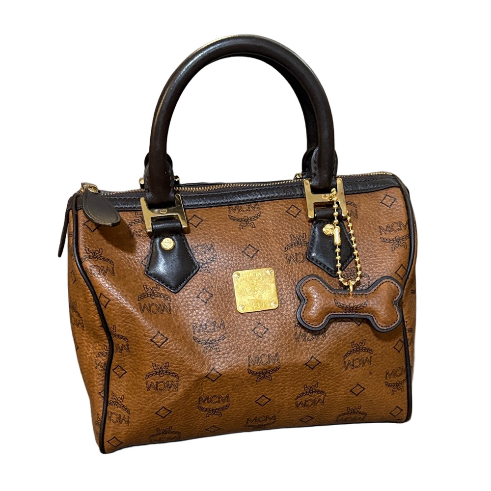 MCM  Visetos  Brown Boston Bag with Dog Bone Charm